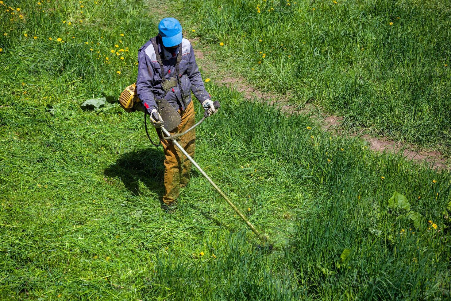 cortacésped hombre con cuerda recortadora guarnición césped a soleado día foto