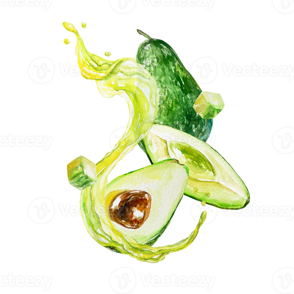 Avocado watercolor, oil splashes, fruits, pieces, avocado cubes. Illustration. Design element for food products, cosmetics, labels, covers, packaging, banners. png