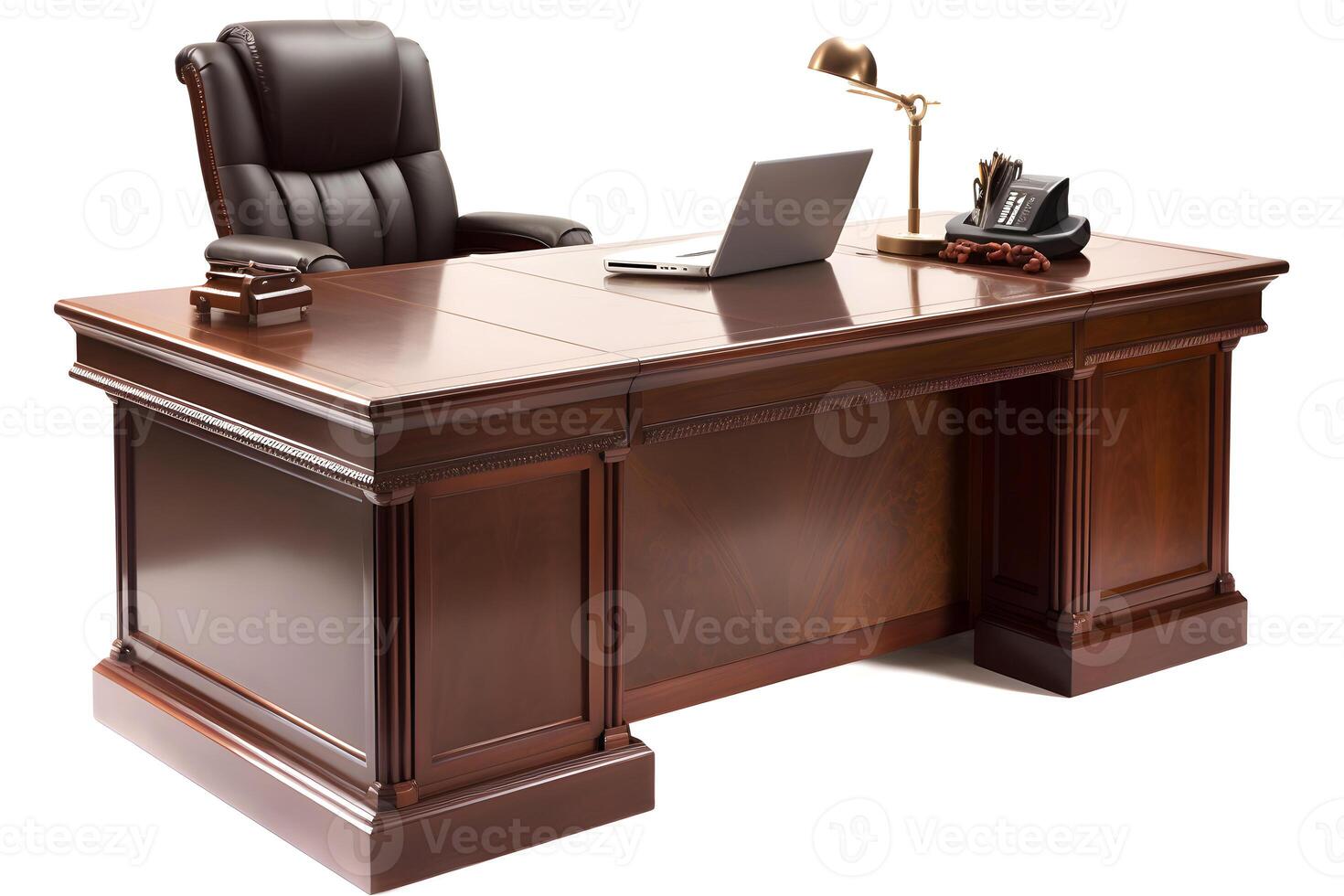 AI generated Heavy wooden executive desk with armchair isolated on white background, neural network generated image photo