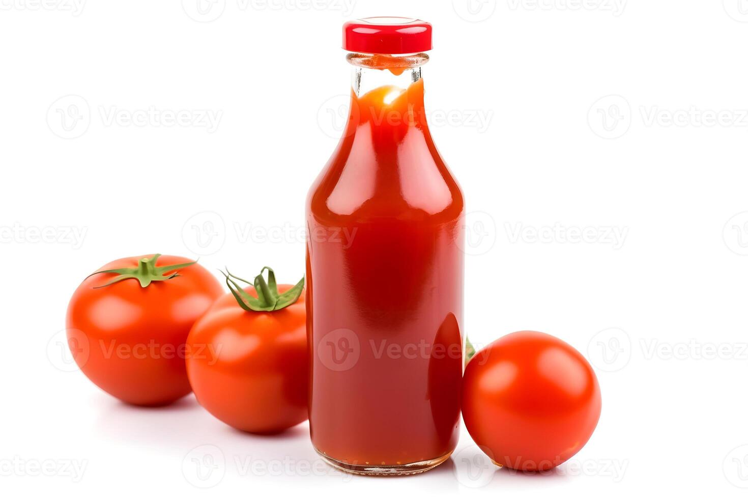 AI generated Glass bottle of tomato ketchup and some tomatoes isolated on white background, neural network generated image photo