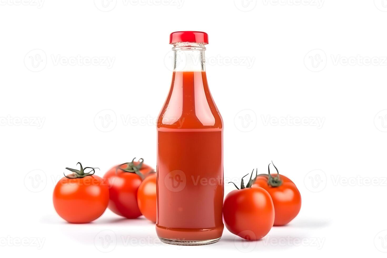 AI generated Glass bottle of tomato ketchup and some tomatoes isolated on white background, neural network generated image photo
