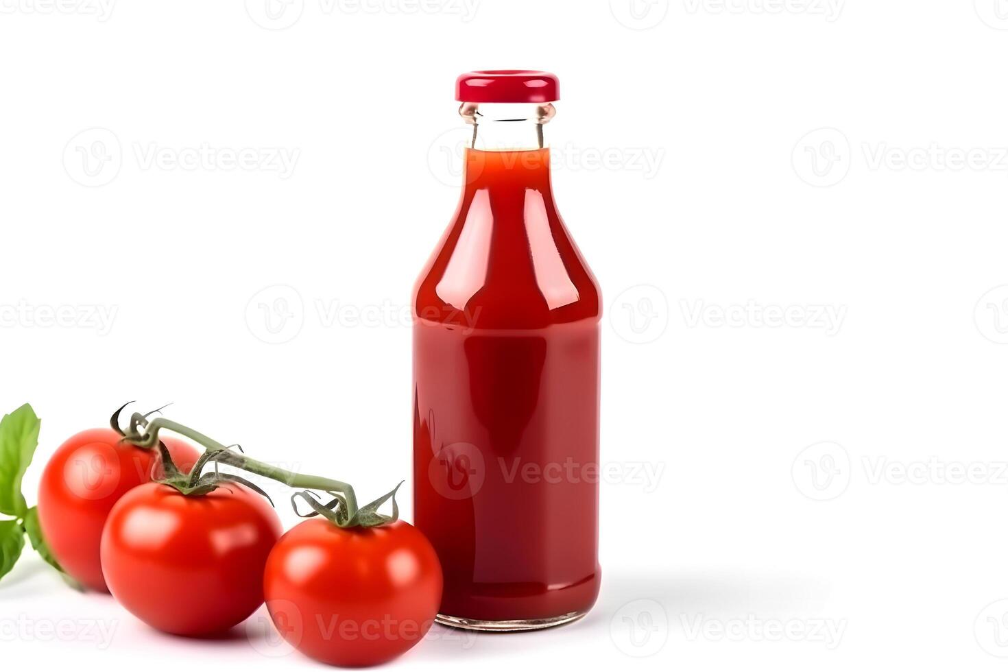 AI generated Glass bottle of tomato ketchup and some tomatoes isolated on white background, neural network generated image photo