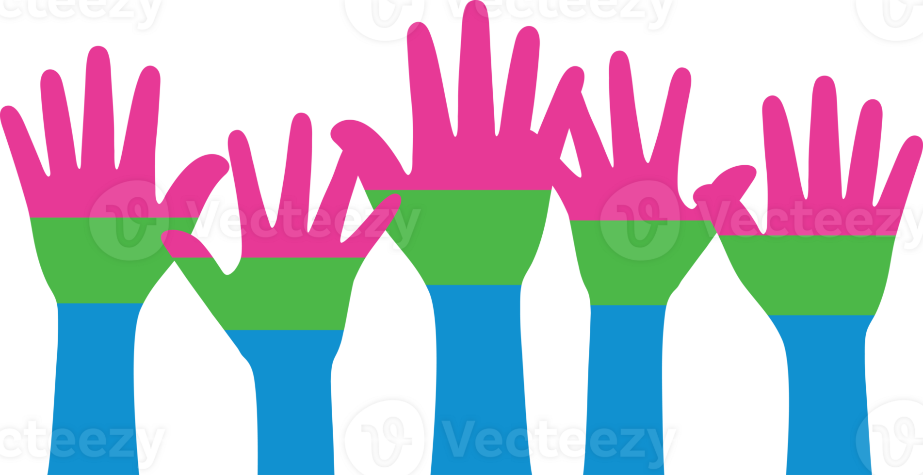 Pink, green, and blue colored hand icon, as the colors of the polysexual flag. LGBTQI concept. Flat design illustration. png