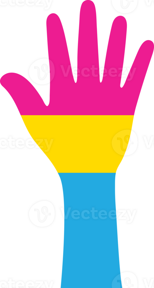 Silhouette of pink, yellow, and blue colored hands as the colors of the pansexual flag. Flat design illustration png