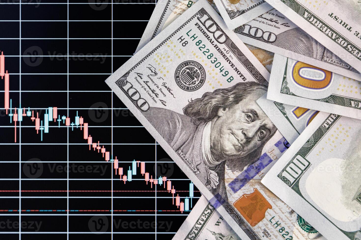 US dollar banknotes over digital screen with exchange chart, depreciation and volatility concept photo