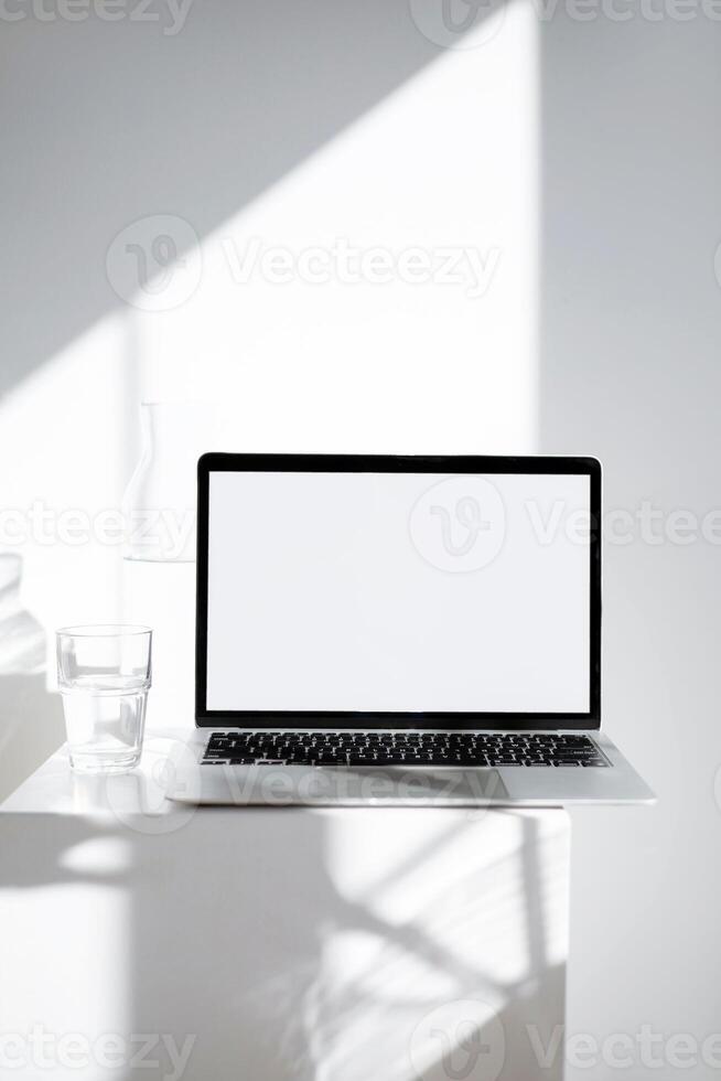 Empty laptop display template, blank computer screen mockup photo