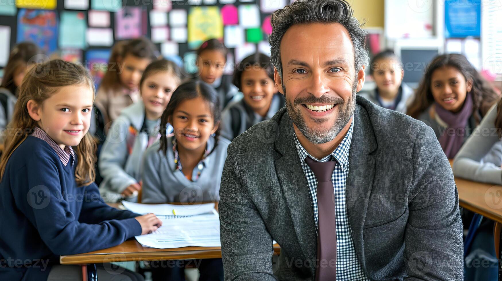 AI generated Smiling male teacher in elementary school classroom with students learning in background photo