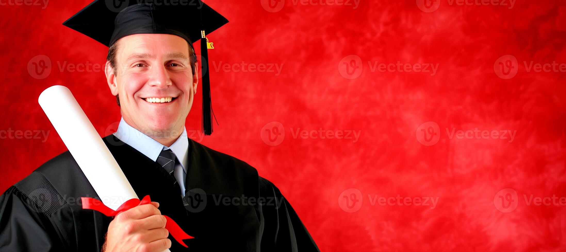 AI generated Proud graduate with diploma on red backdrop   ideal for advertising with text space photo