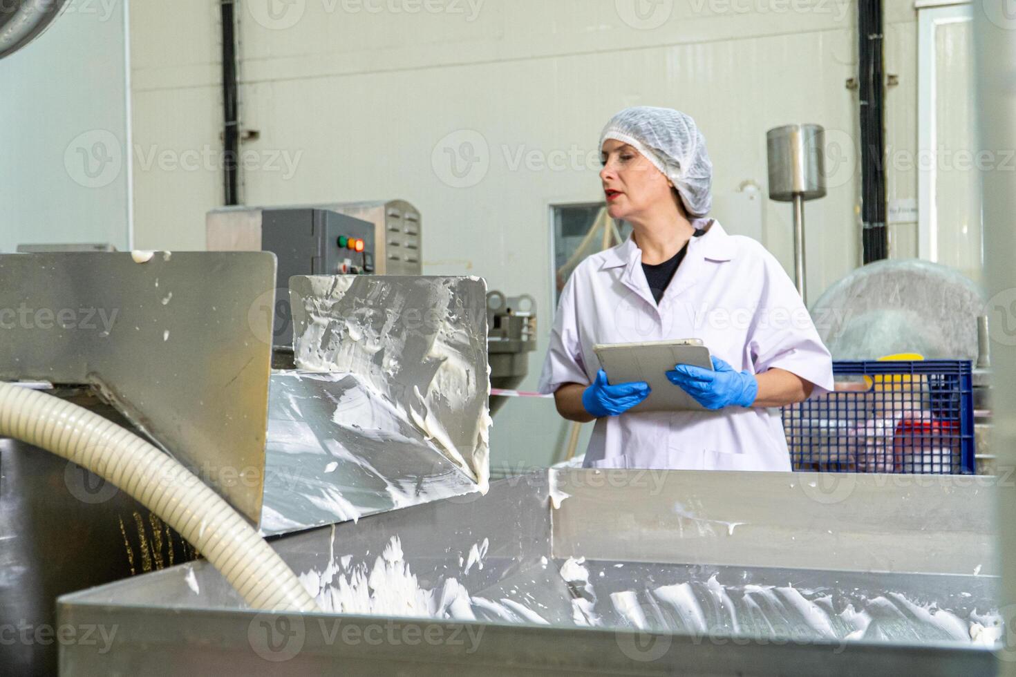 caucasion woman working in a food factory wearing protective clothes and gloves. photo