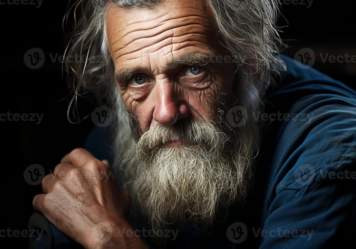 AI generated Portrait of elderly farmer man isolated on dark background, thinking and looking. photo