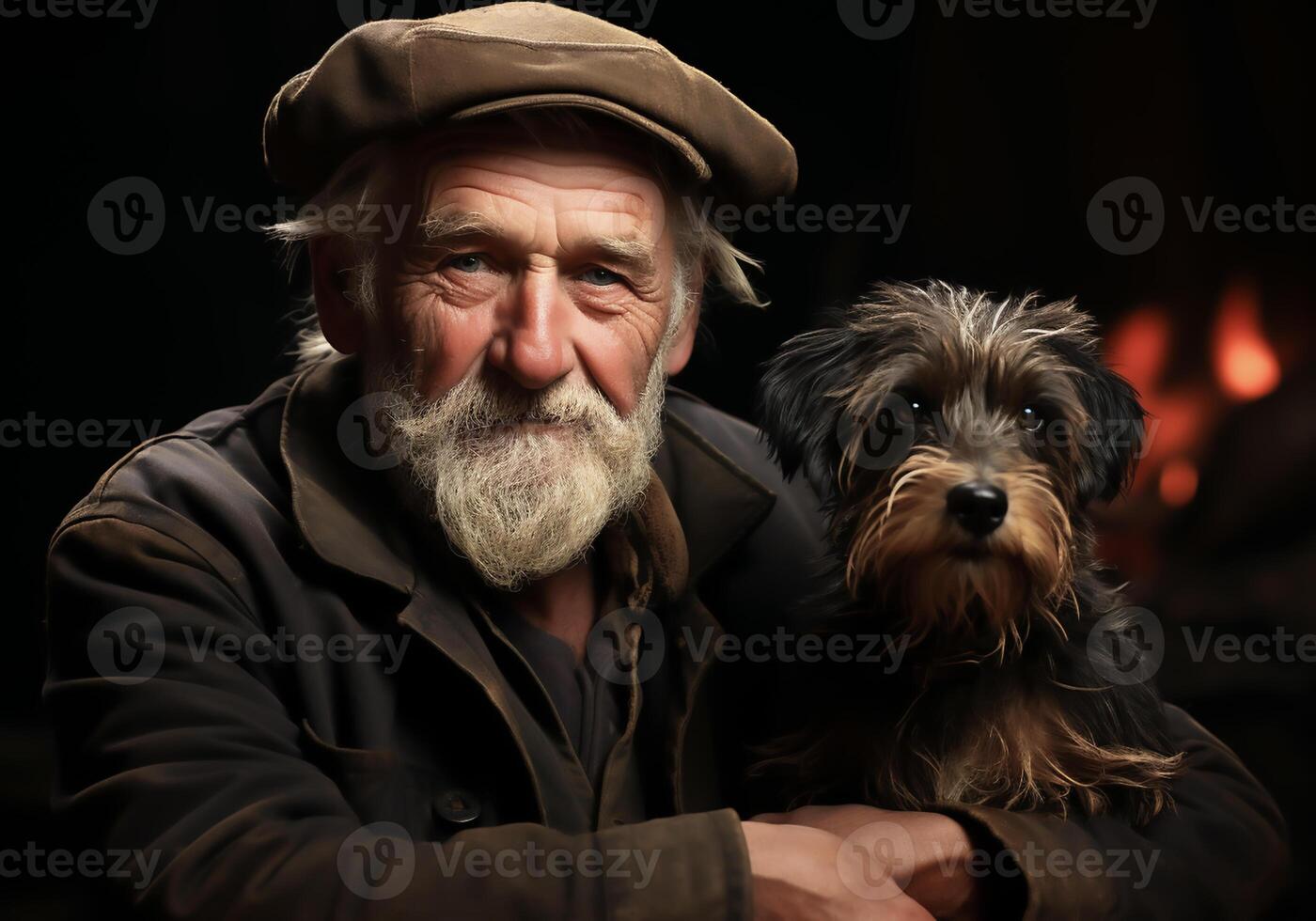AI generated Portrait of a moment of affection between an elderly farmer man and his dog. Care and attention. Domestic and farm animals. photo