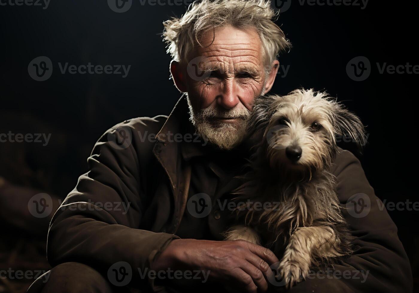 AI generated Portrait of a moment of affection between an elderly farmer man and his dog. Care and attention. Domestic and farm animals. photo