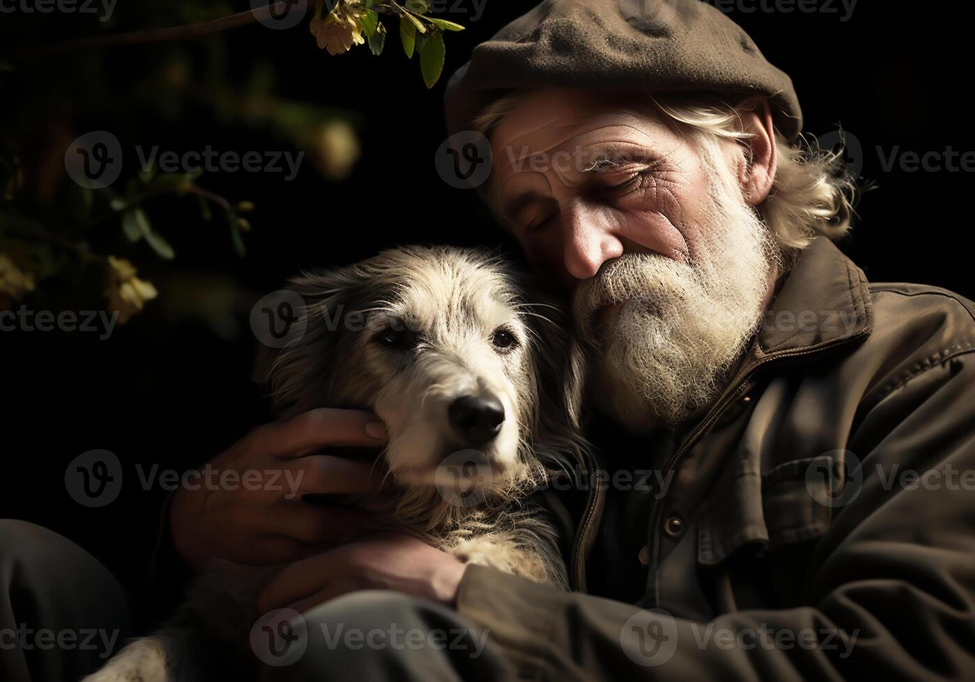 AI generated Portrait of a moment of affection between an elderly farmer man and his dog. Care and attention. Domestic and farm animals. photo