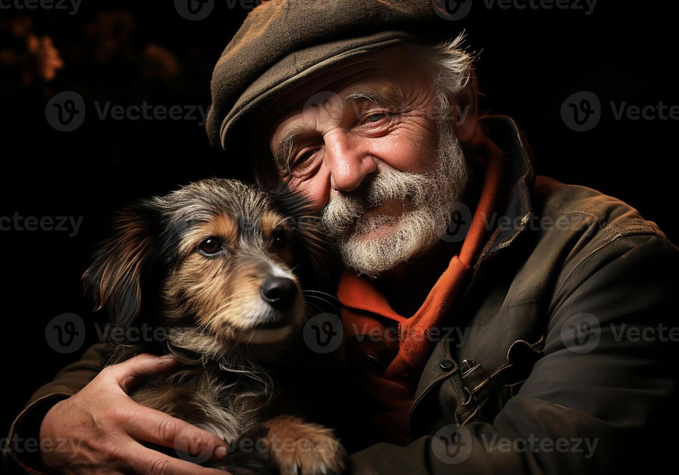 AI generated Portrait of a moment of affection between an elderly farmer man and his dog. Care and attention. Domestic and farm animals. photo