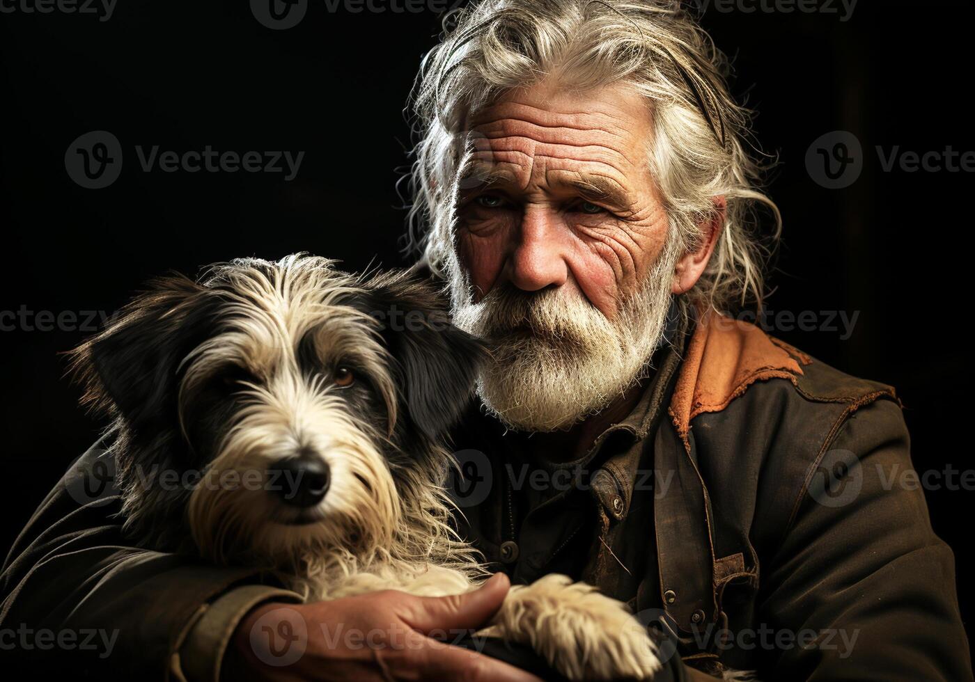 AI generated Portrait of a moment of affection between an elderly farmer man and his dog. Care and attention. Domestic and farm animals. photo