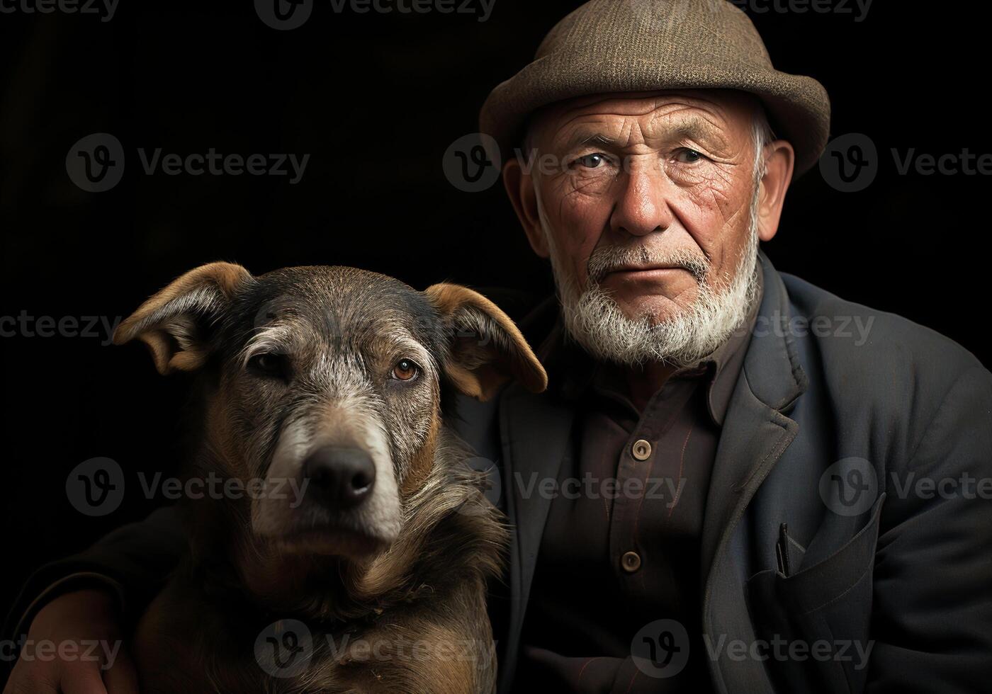 AI generated Portrait of a moment of affection between an elderly farmer man and his dog. Care and attention. Domestic and farm animals. photo