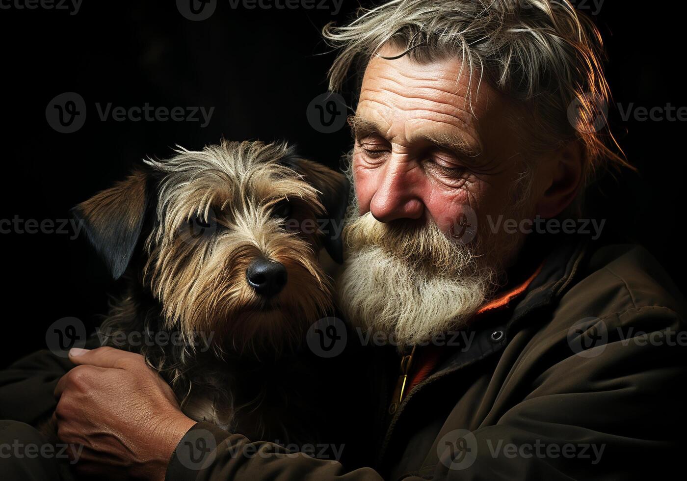 AI generated Portrait of a moment of affection between an elderly farmer man and his dog. Care and attention. Domestic and farm animals. photo