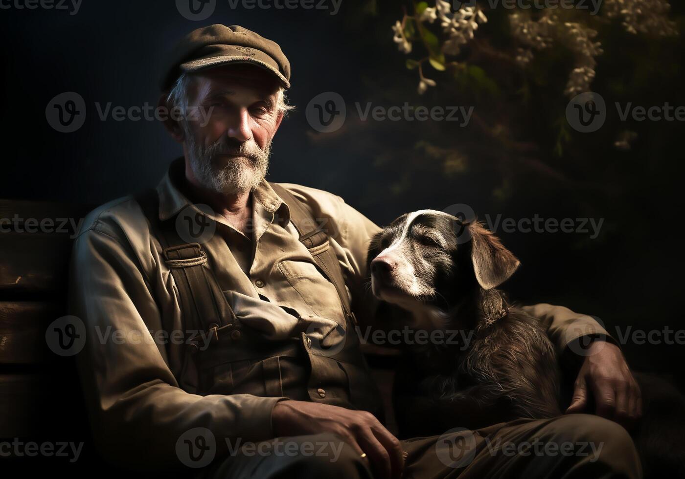 AI generated Portrait of a moment of affection between an elderly farmer man and his dog. Care and attention. Domestic and farm animals. photo