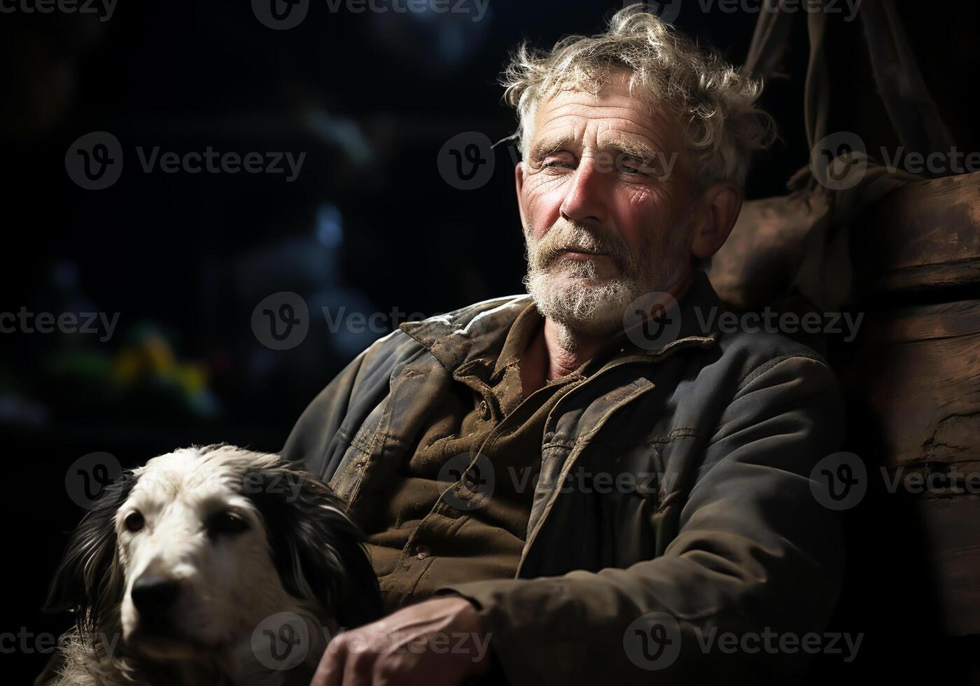 AI generated Portrait of a moment of affection between an elderly farmer man and his dog. Care and attention. Domestic and farm animals. photo