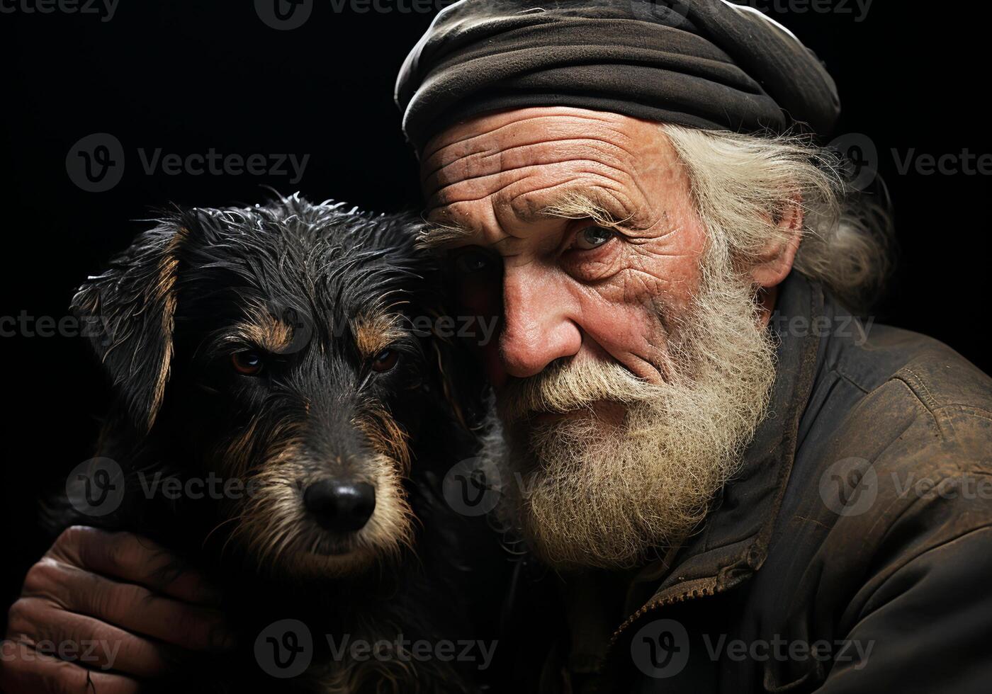 AI generated Portrait of a moment of affection between an elderly farmer man and his dog. Care and attention. Domestic and farm animals. photo