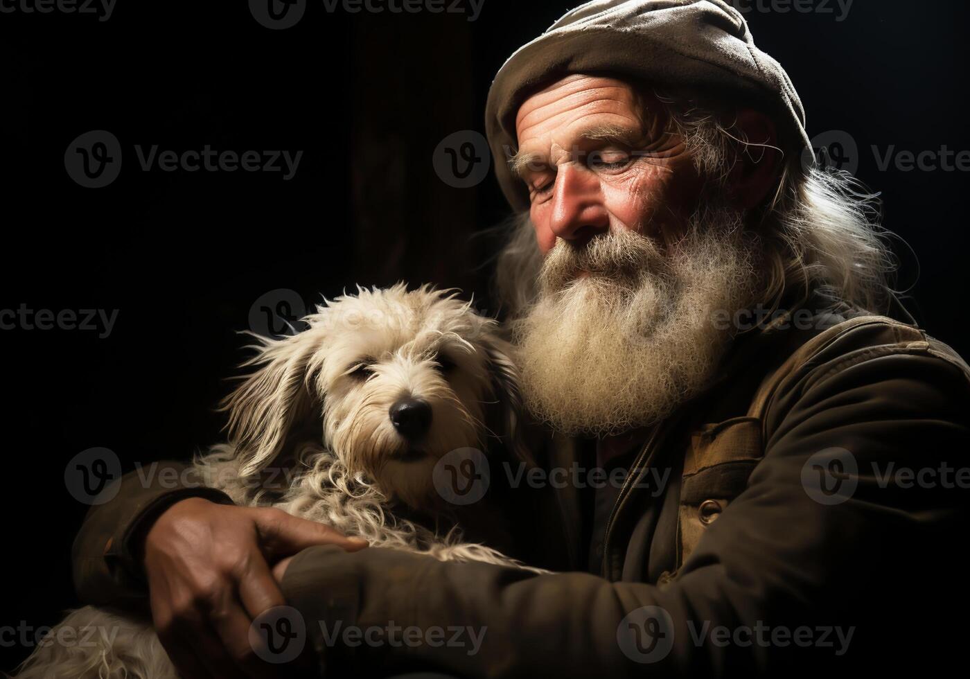 AI generated Portrait of a moment of affection between an elderly farmer man and his dog. Care and attention. Domestic and farm animals. photo