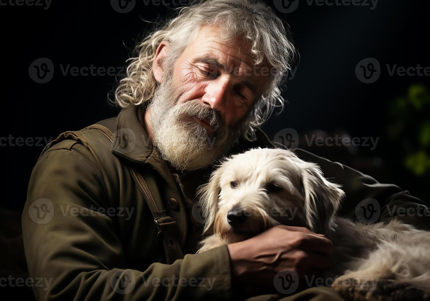 AI generated Portrait of a moment of affection between an elderly farmer man and his dog. Care and attention. Domestic and farm animals. photo