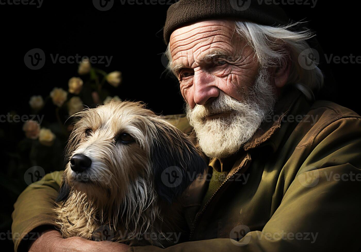 AI generated Portrait of a moment of affection between an elderly farmer man and his dog. Care and attention. Domestic and farm animals. photo