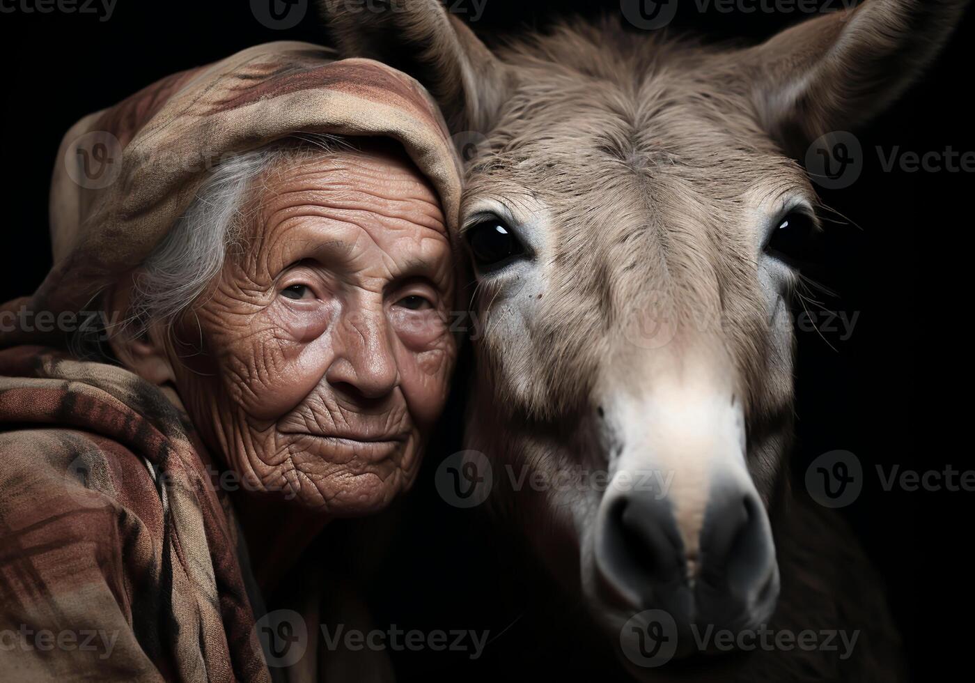 ai generado retrato de un momento de afecto Entre un mayor granjero mujer y su burro. cuidado y atención. Doméstico y granja animales foto