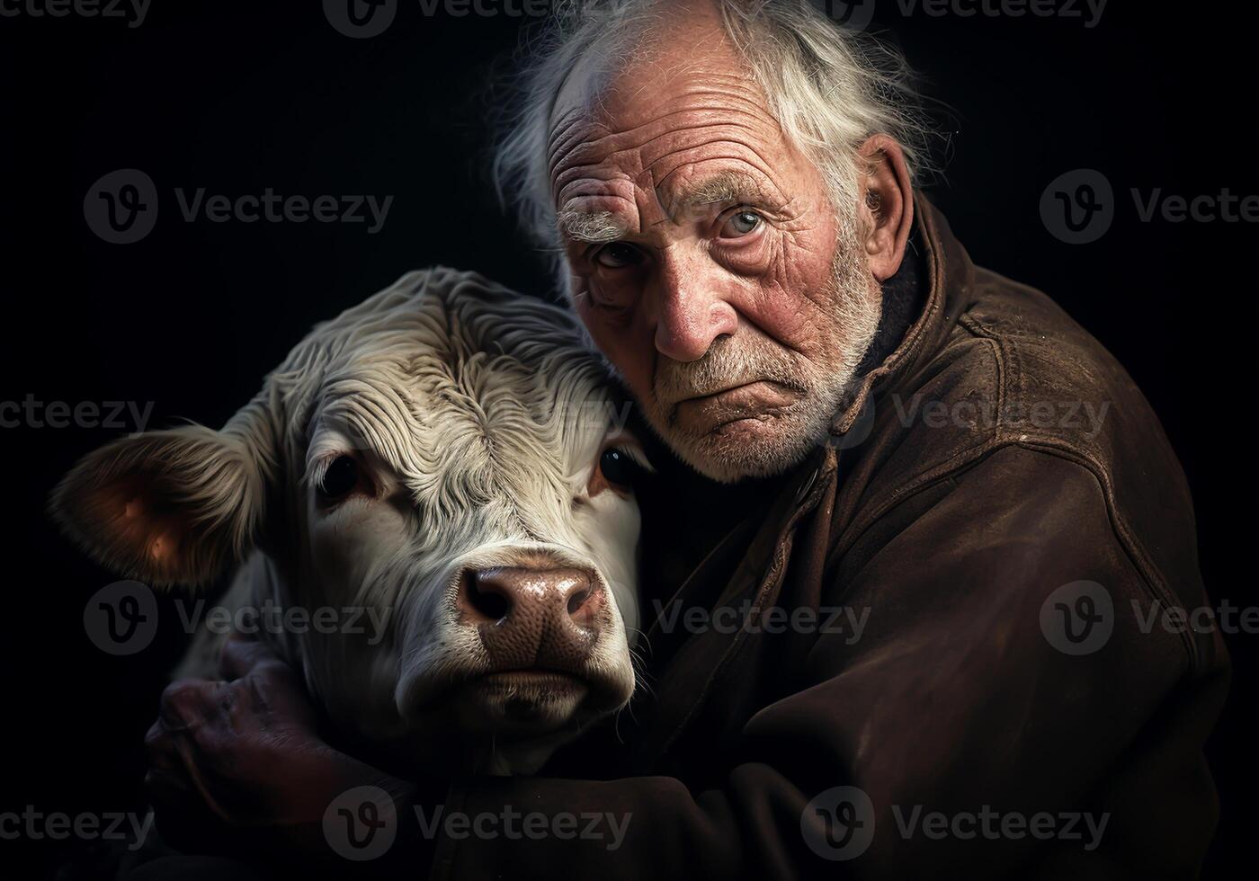 ai generado retrato de un momento de afecto Entre un mayor hombre granjero y su vaca. cuidado y atención. Doméstico y granja animales foto