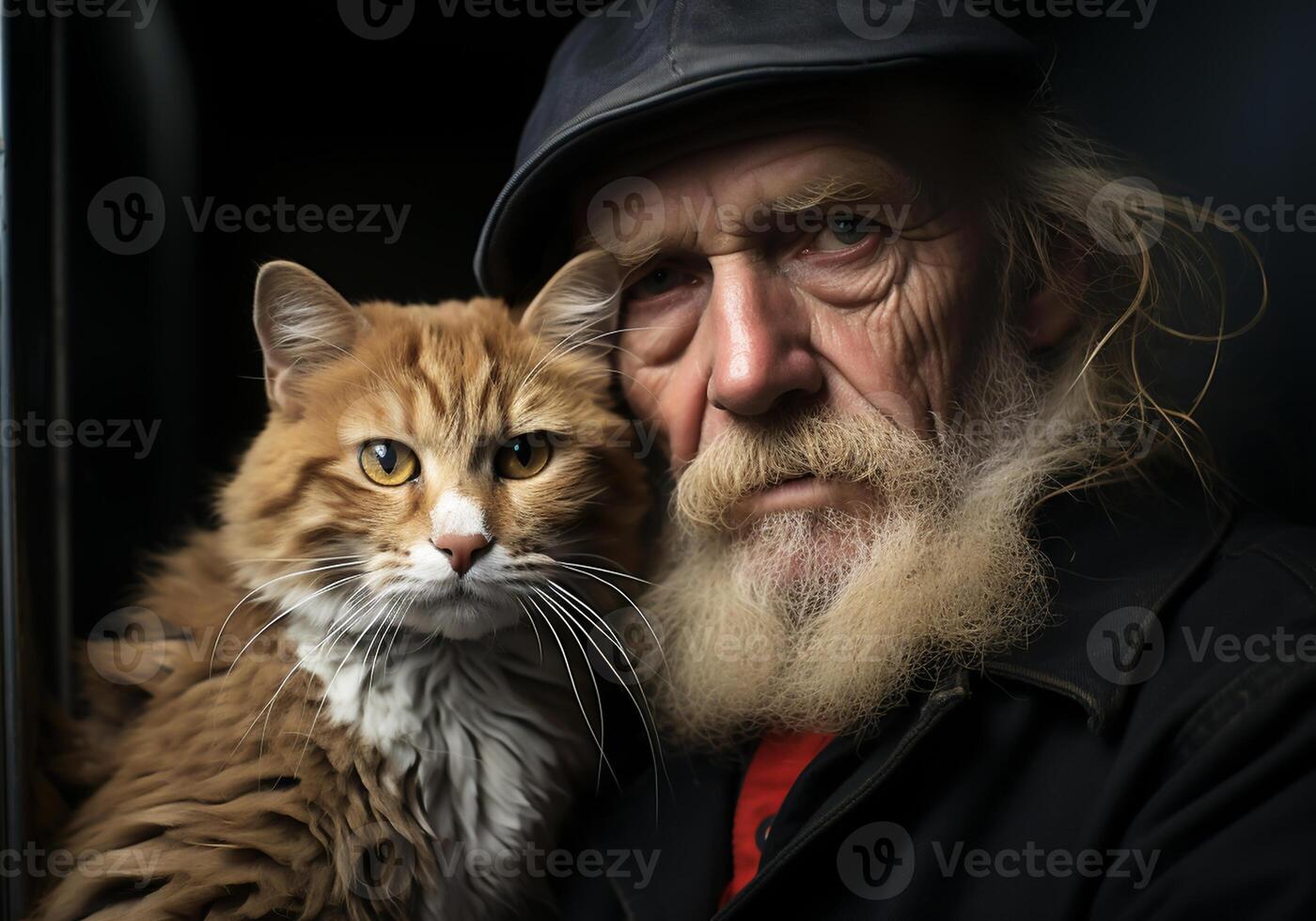 AI generated Portrait of a moment of affection between an elderly man and his cat. Care and attention. Domestic and farm animals. photo