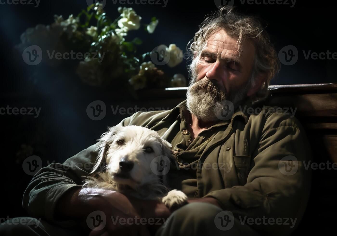 AI generated Portrait of a moment of affection between an elderly farmer man and his dog. Care and attention. Domestic and farm animals. photo