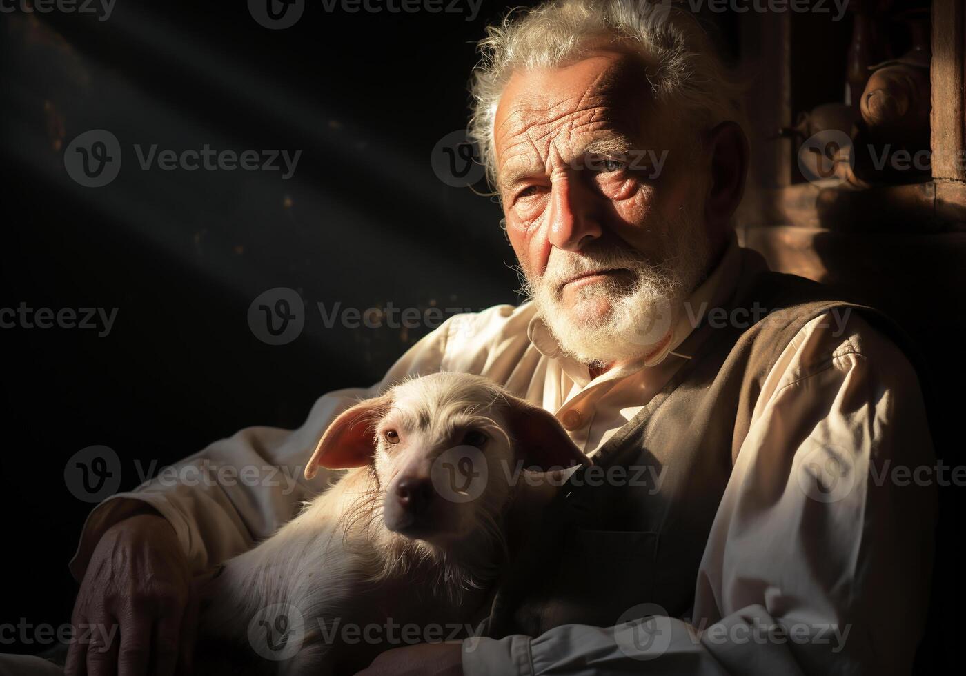 AI generated Portrait of a moment of affection between an elderly farmer man and his dog. Care and attention. Domestic and farm animals. photo