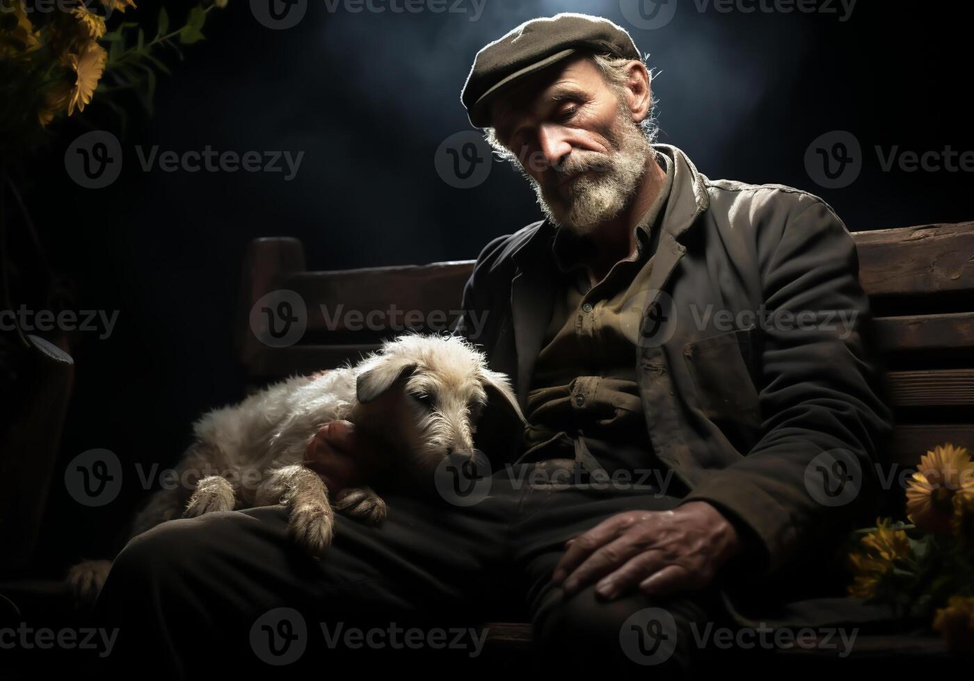 AI generated Portrait of a moment of affection between an elderly farmer man and his dog. Care and attention. Domestic and farm animals. photo