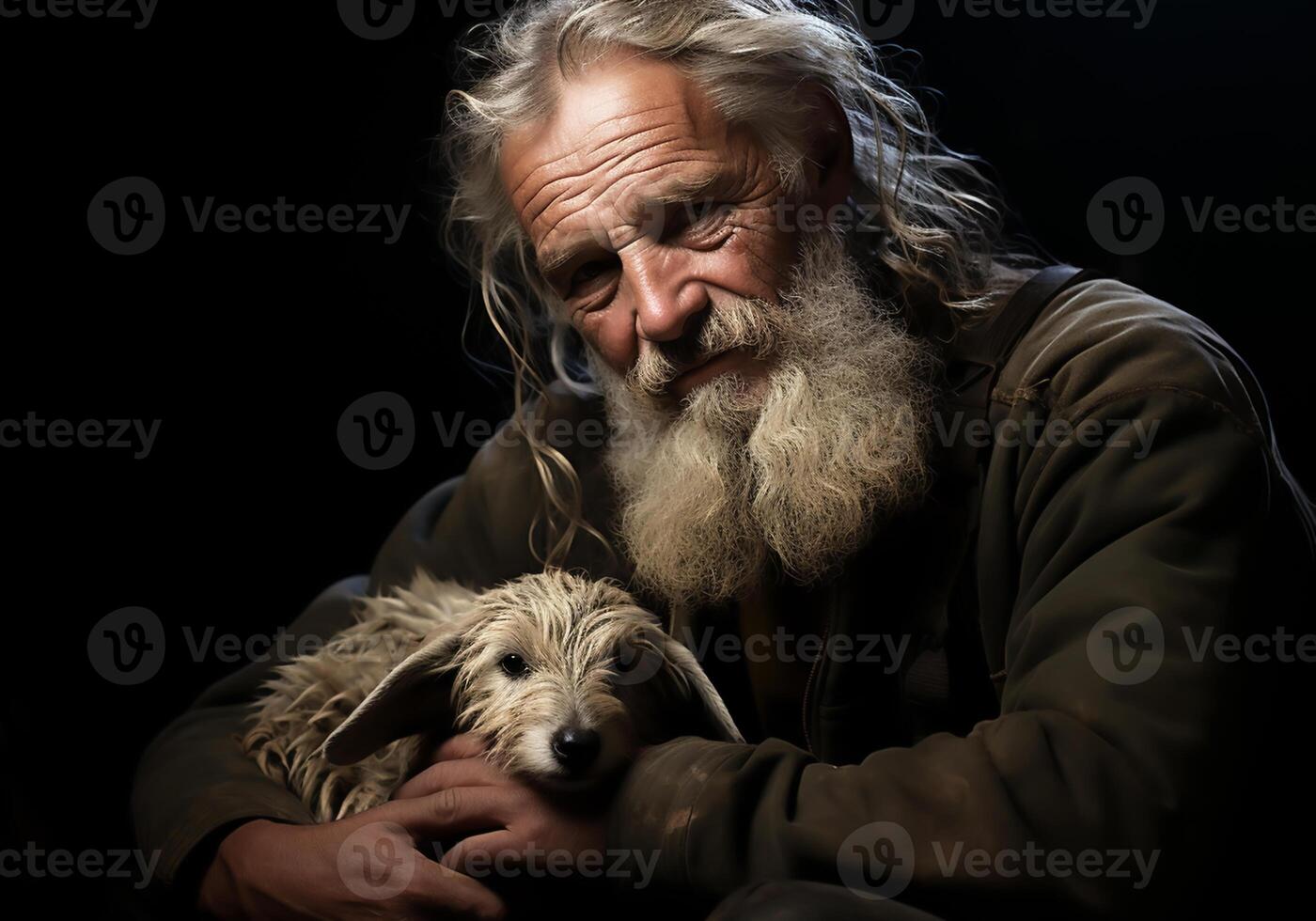 AI generated Portrait of a moment of affection between an elderly farmer man and his dog. Care and attention. Domestic and farm animals. photo