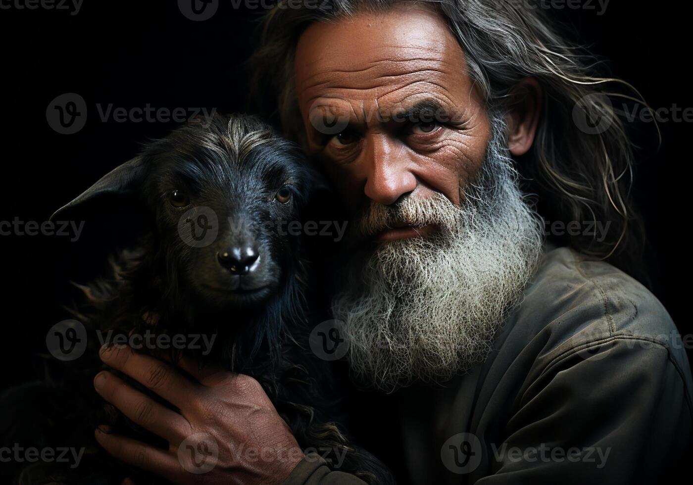 AI generated Portrait of a moment of affection between an elderly farmer man and his goat. Care and attention. Domestic and farm animals. photo