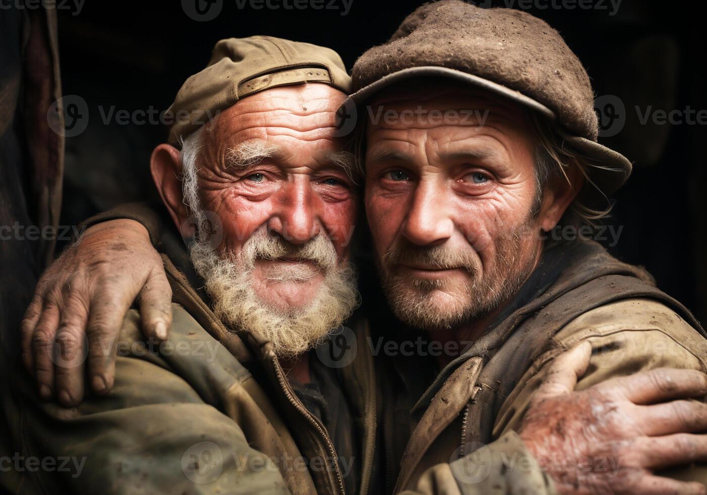 AI generated Portrait of a moment of affection with a hug between two elderly men. Family, friends or neighbors photo