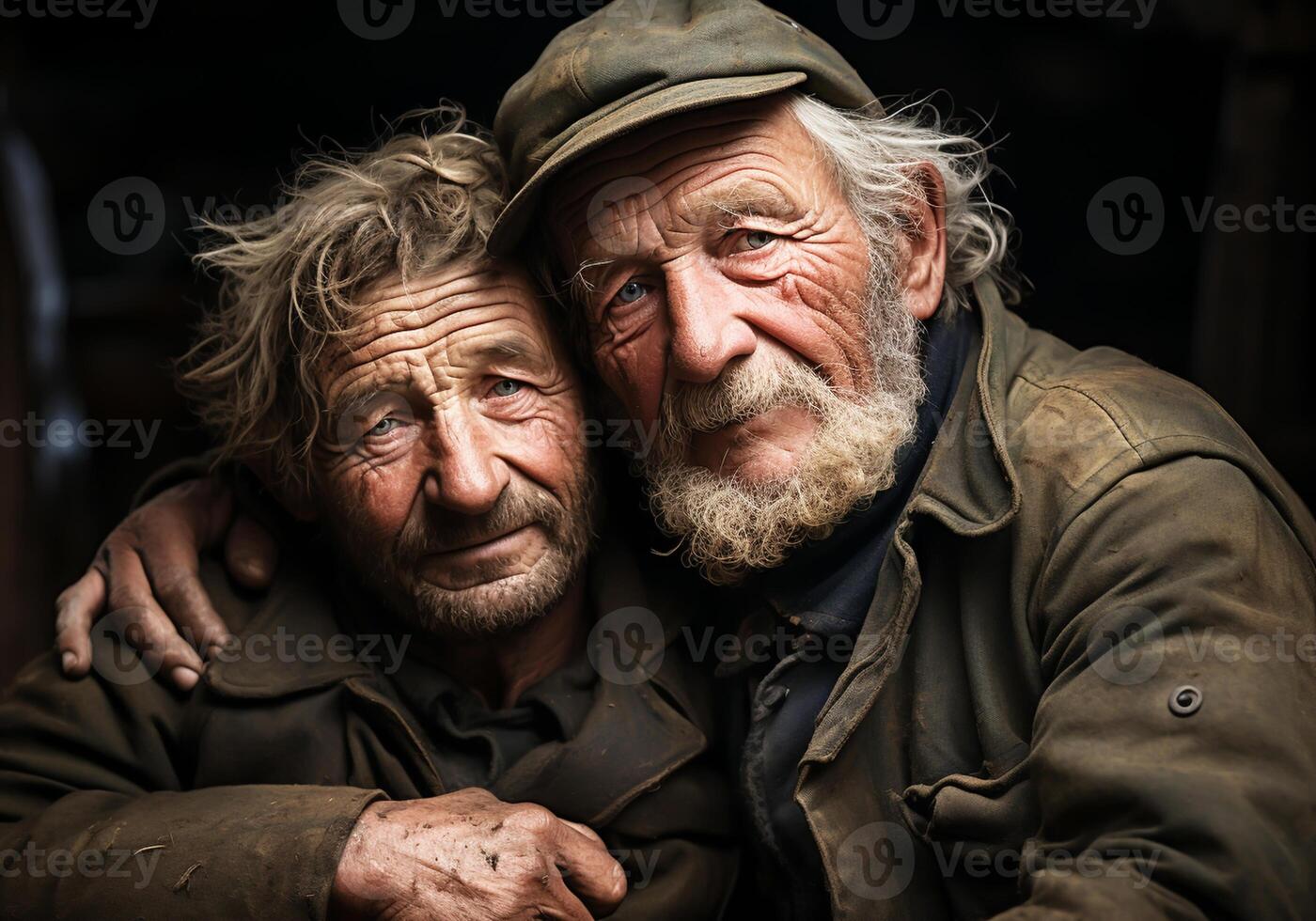 AI generated Portrait of a moment of affection with a hug between two elderly men. Family, friends or neighbors photo