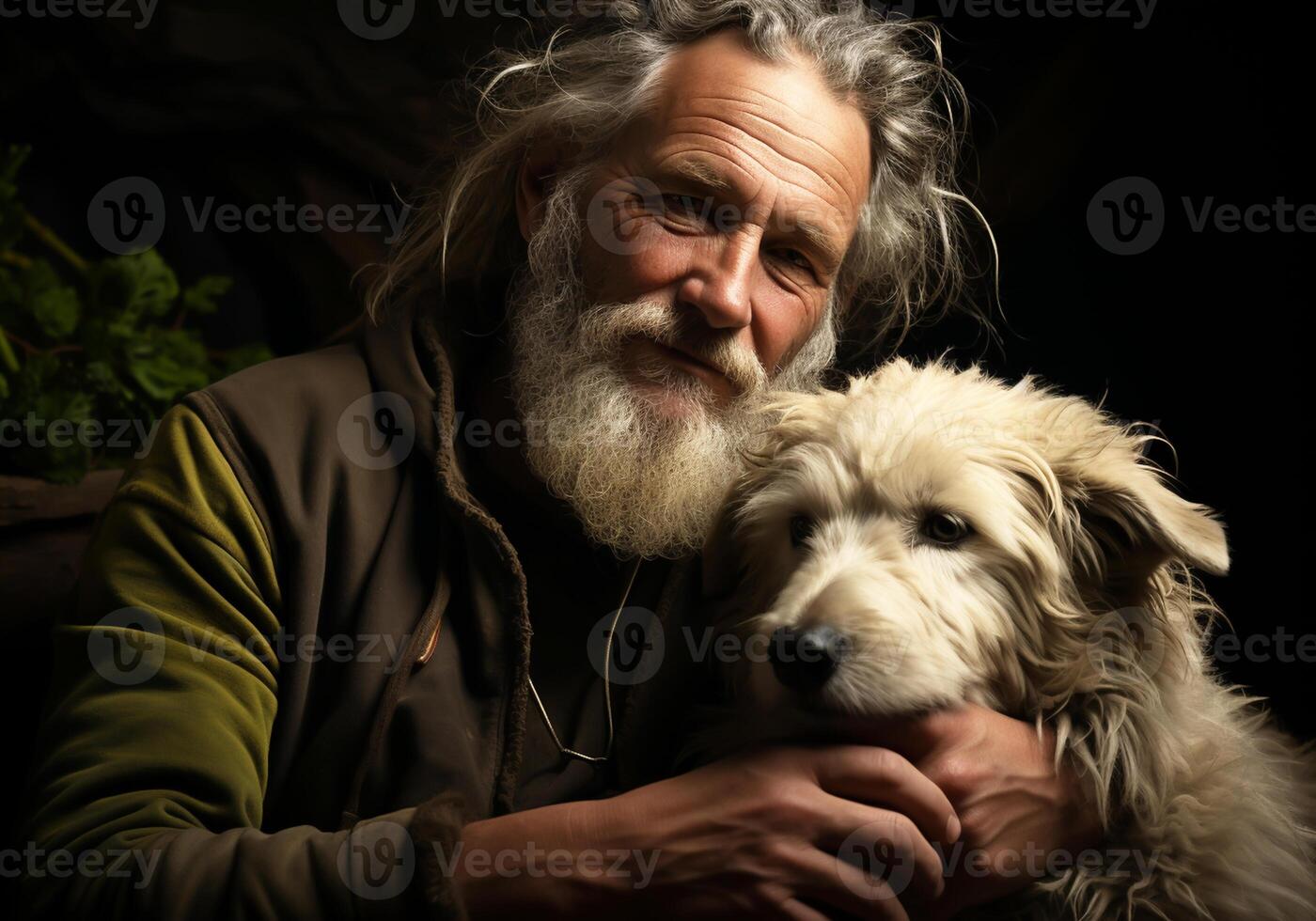 AI generated Portrait of a moment of affection between an elderly farmer man and his dog. Care and attention. Domestic and farm animals. photo