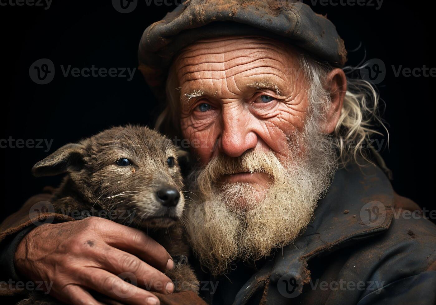 AI generated Portrait of a moment of affection between an elderly farmer man and his dog. Care and attention. Domestic and farm animals. photo