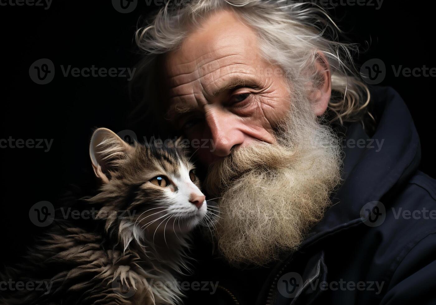 AI generated Portrait of a moment of affection between an elderly man and his cat. Care and attention. Domestic and farm animals. photo