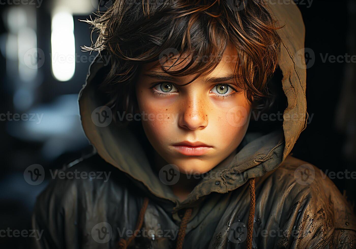 AI generated Portrait of beautiful street child, dirty, looking very serious. Survival, vulnerability and social problem. photo