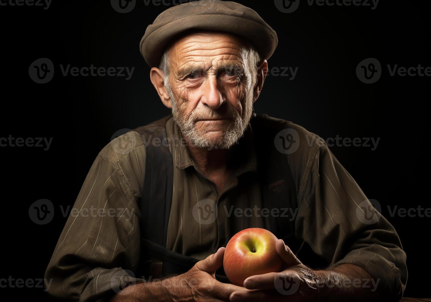 AI generated Portrait of elderly farmer man in his rustic kitchen with an apple. Food and healthy living. photo