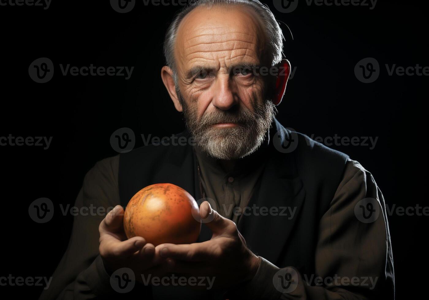 AI generated Portrait of elderly farmer man in his rustic kitchen with orange in his hands. Food and healthy living. photo