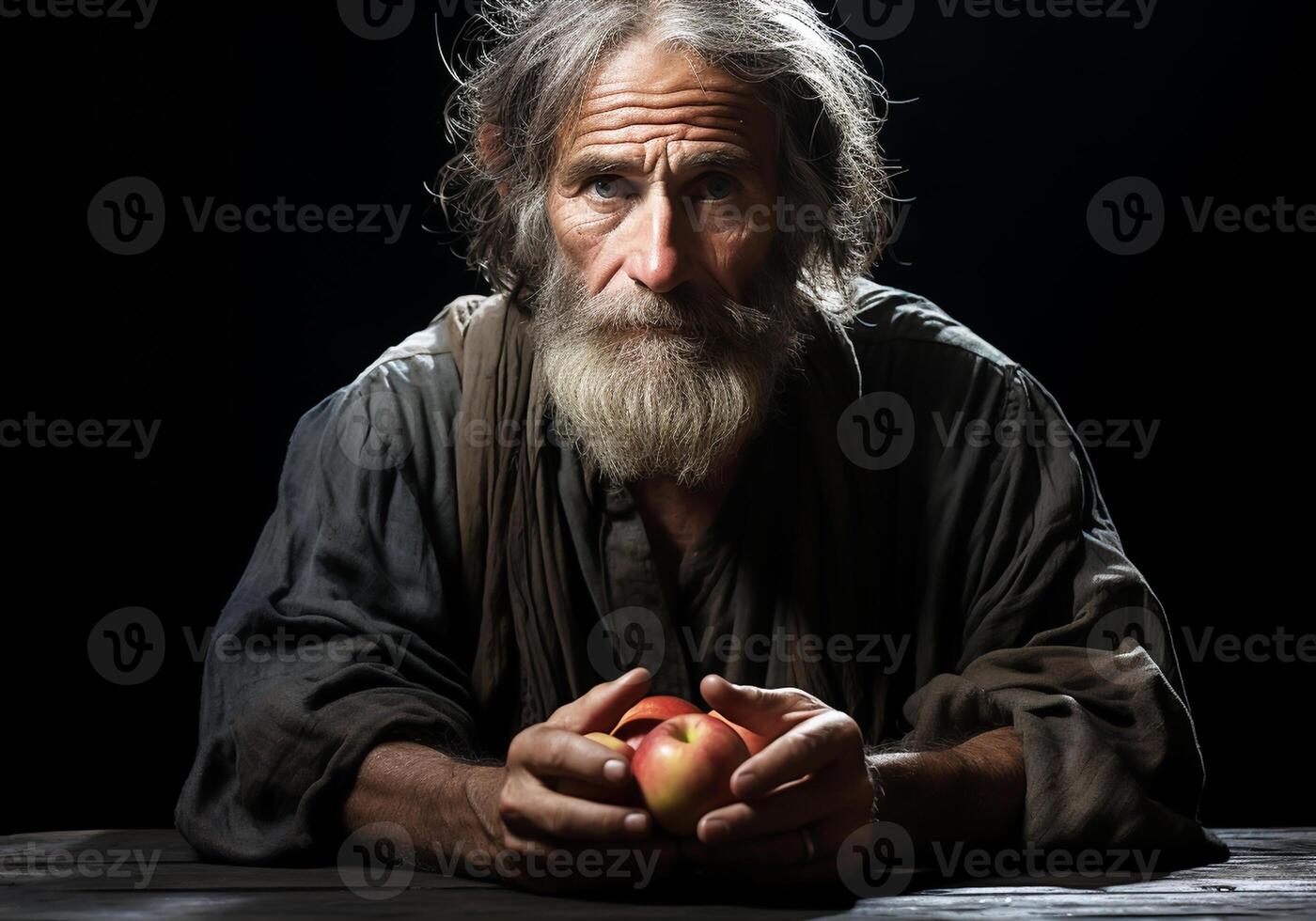 AI generated Portrait of elderly farmer man in his rustic kitchen with an apple. Food and healthy living. photo