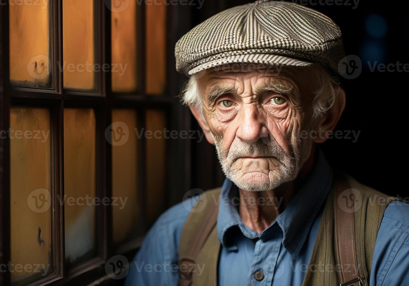 AI generated Portrait of elderly man with cap and thoughtful face. photo