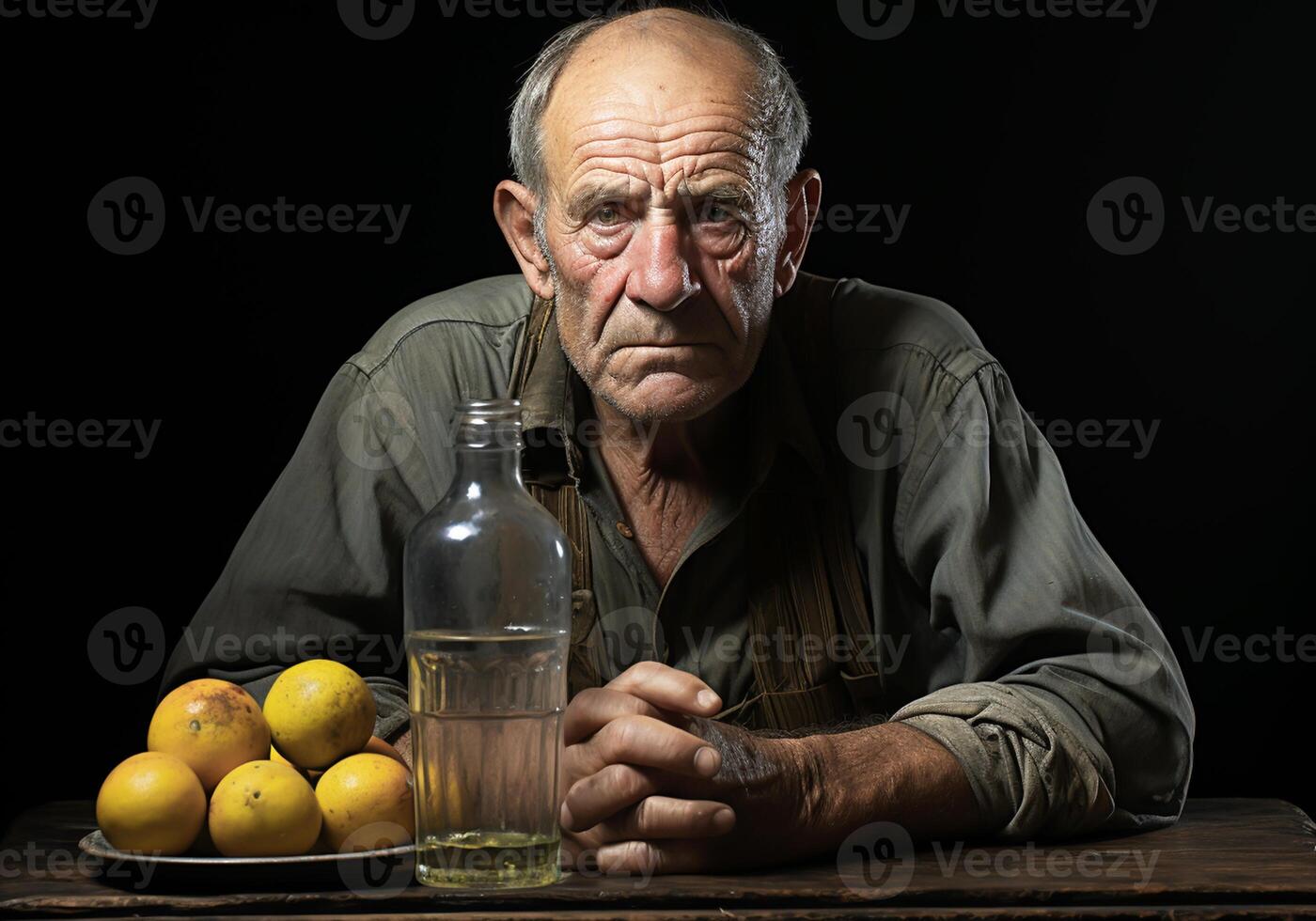 AI generated Portrait of elderly farmer man in his rustic kitchen with lemons. Food and healthy living. photo