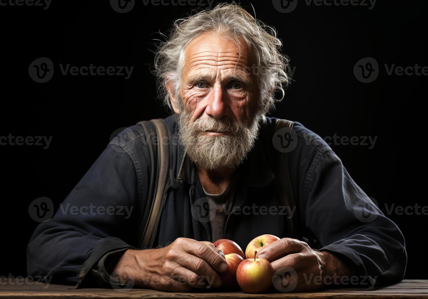 AI generated Portrait of elderly farmer man in his rustic kitchen with an apple. Food and healthy living. photo