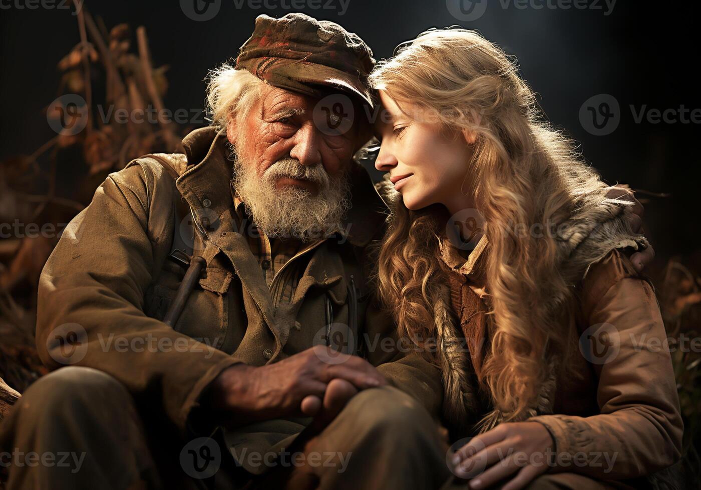 AI generated Portrait of a moment of affection between an elderly farmer man and his granddaughter, in a stable. Familiar life. photo