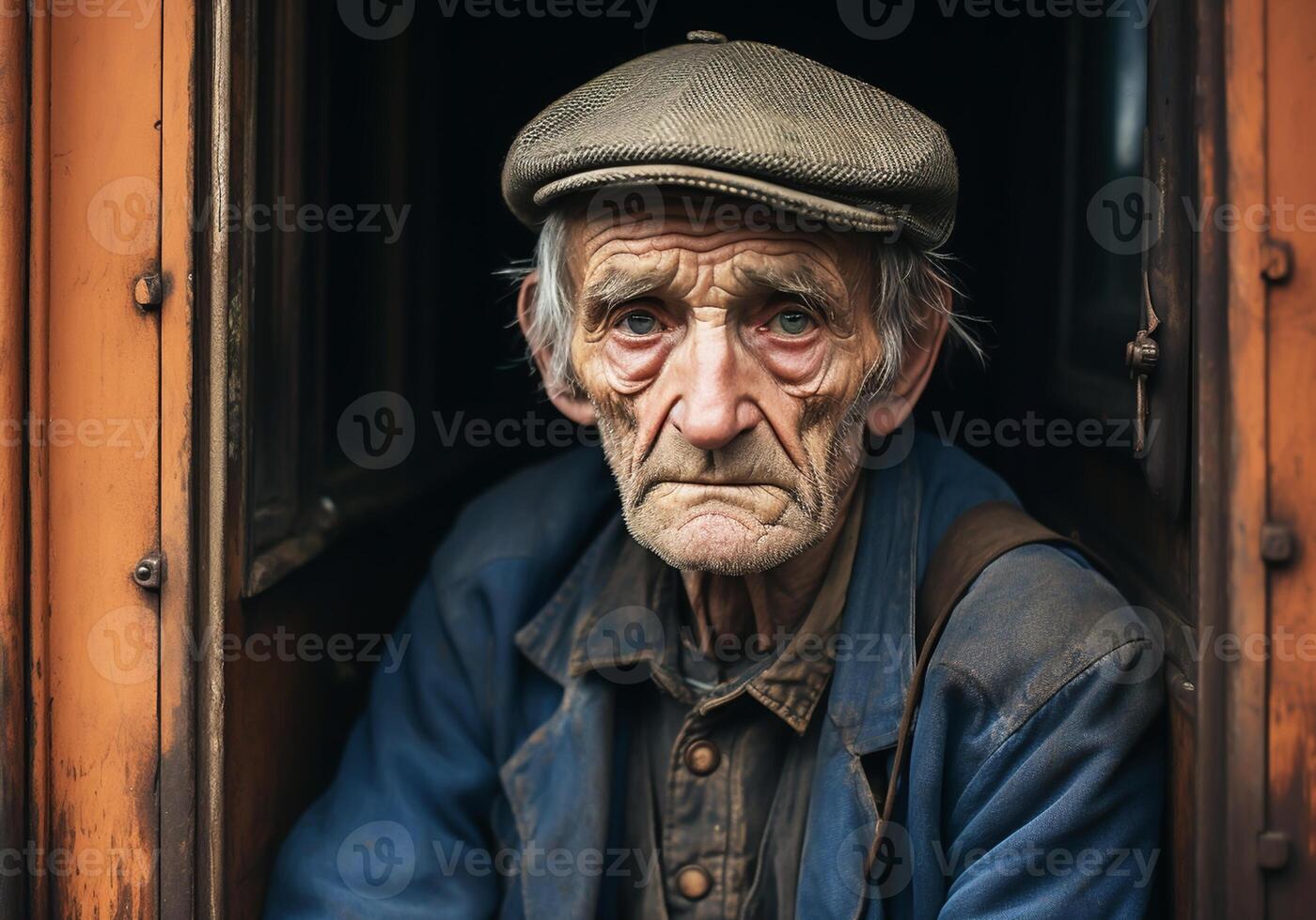 AI generated Portrait of elderly man with cap and thoughtful face. photo