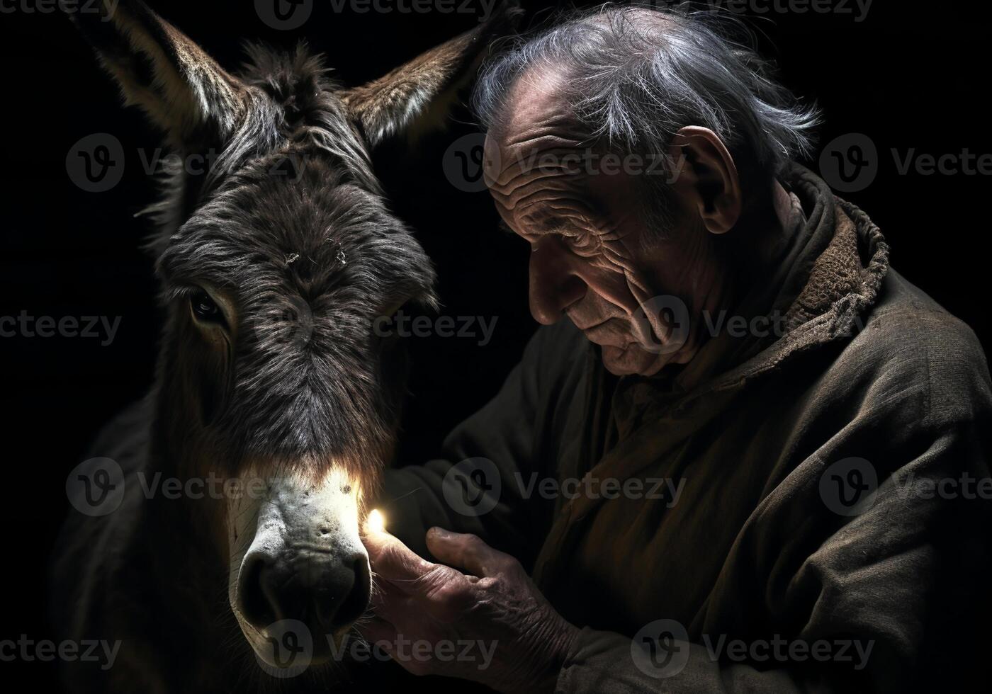 AI generated Portrait of a moment of affection between an elderly farmer and his donkey. Care and attention. Domestic and farm animals. photo